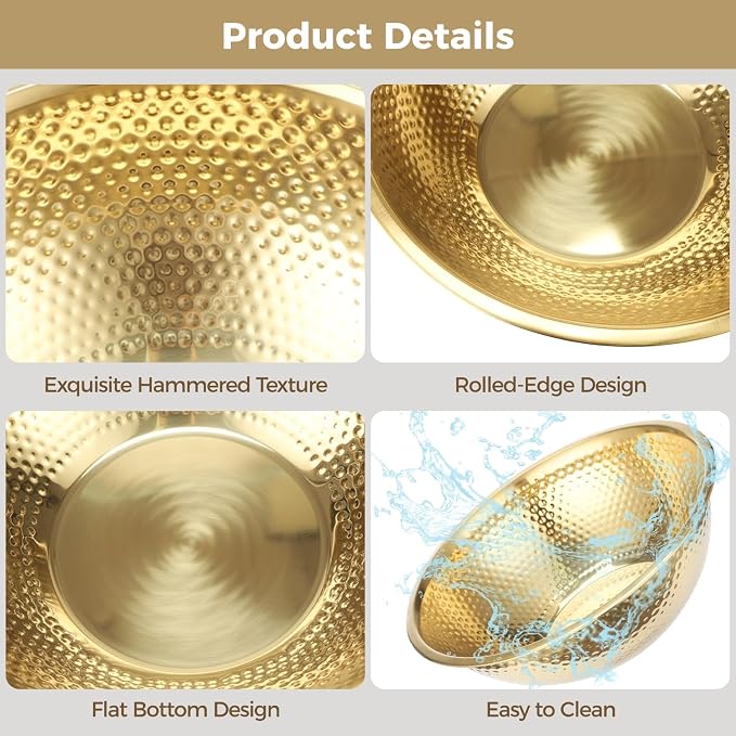 Joyibay 2 Pcs 13 Inch Gold Stainless Steel Salad Bowl Set, 4-Pc Utensil Set | Kitchen mixing bowls for salad, soup, prep, serving, and food storage; gold stainless steel look suits table setups