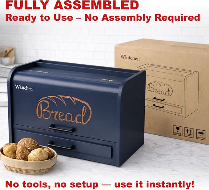 KNIFEPLANET Premium FULLY ASSEMBLED Modern Blue Bread Box – Extra Large Real Wood Bread Box for Kitchen Countertop Storage, Thick Durable Construction, Double Layer Design (17.5" x 10" x 12")