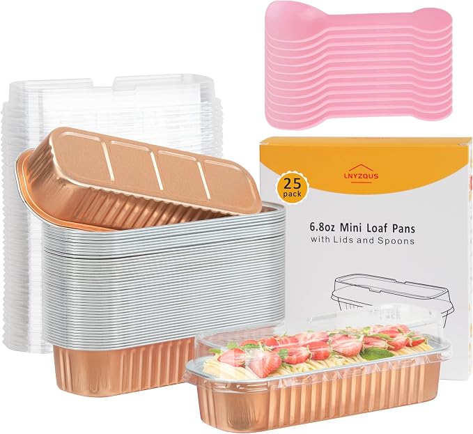 LNYZQUS Mini Loaf Pans with Lids, 6.8oz Cake Tins for Small Bake | 25 Pack, Rectangle, Champagne, Disposable Aluminum Foil Baking Cups, Individual Dessert Containers for Party Treats