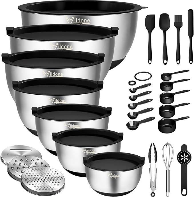 Wildone Mixing Bowls with Airtight Lids, Stainless Steel Nesting Bowls Set | Metal Bowls with 3 Grater Attachments, Non-Slip Bottom, Size 5, 4, 3, 2, 1.5, 1, 0.63QT, Include Utensil Set for Prep, Black
