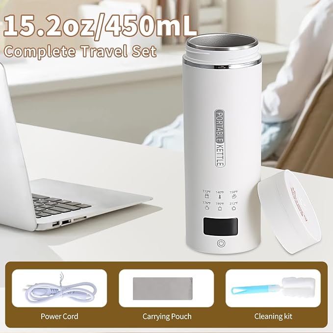 Compact Portable Electric Kettle, LCD Display with 6 Temperature Settings, 304 Stainless Steel, 450ml/15.2oz, Auto Shut-Off and Boil-Dry Protection, Travel Electric Kettle Teapot, White