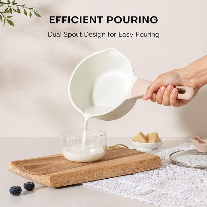 Kordisen Sauce Pan Set with Lid, 1.5Qt & 2.5 Qt Nonstick Cooking Pots with Pour Spout, Easy to Clean, Small Kitchen Induction Saucepan with Ceramic Coating, PFOA/PFOS Free (Cream)