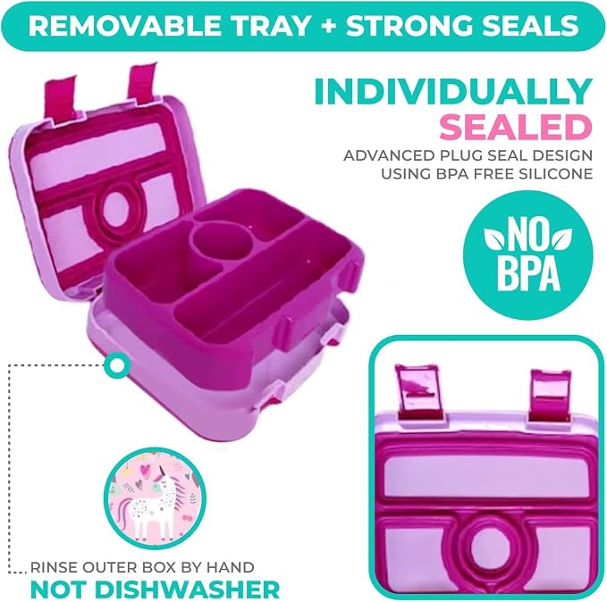 Bento Lunch Box for Kids Toddlers, Leak Proof Containers for Girls, 4 Divided Compartments - Pre School, Daycare, Portion Control Snack Tiffin with Lid Utensil, BPA Free, Age 3+, Cute Pink Unicorn