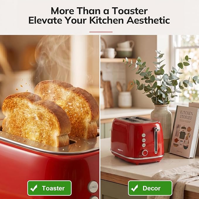 2 Slice Stainless Steel Toaster Retro with 6 Bread Shade Settings, Bagel, Cancel, Defrost Function, Extra Wide Slot, Removable Crumb Tray, Red