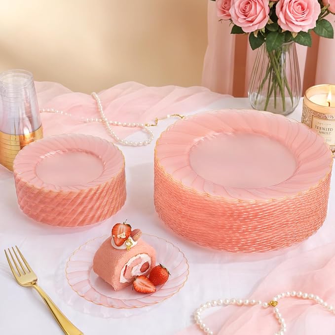 YOUBET 125Pieces Clear Pink Plastic Plates with Gold Rim - Gold Plastic Silverware Include 25 Dinner Plates 25 Dessert Plates 75 Golden Silverwares for Wedding Birthday & Parties Easter Mothers Day | Pink Plastic Dinnerware Set Include 25 Dinner Plates...