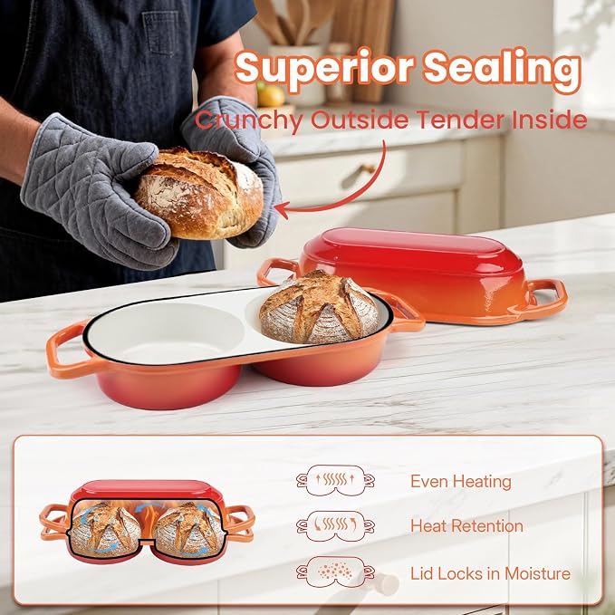 YONILL Mini Double Dutch Oven with Lid for Sourdough Bread Baking (Orange) | Enameled Cast Iron Pot with Lid, 5" Banneton Bread Proofing Basket Include, Dual Round Bread Loaf Pan for Homemade Baking