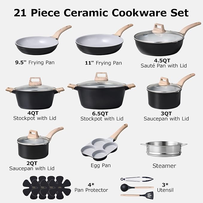 CAROTE 21pcs Ceramic Cookware Set, Pots and Pans Set | Non-Toxic Healthy Induction Cooking Set, Easy Clean, Fast & Even Heating, Fit All Stovetops, PFAS FREE