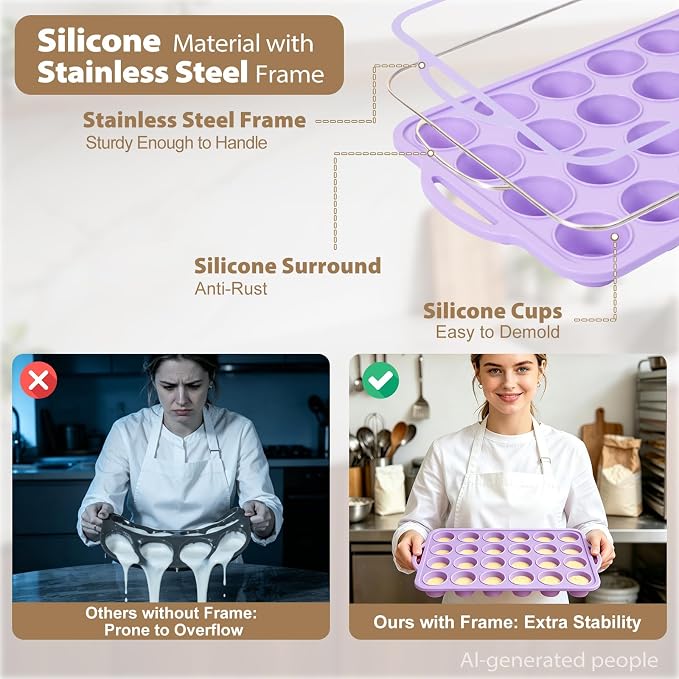 Mini Silicone Muffin Pan with Frame Non Stick Cupcake Tin Baking Mold | Silicone Cupcake Pan with Handles 24 Cup, BPA Free Silicon Muffin Tin Tray Small for Baking, Egg Bites, Cupcake Mold Purple