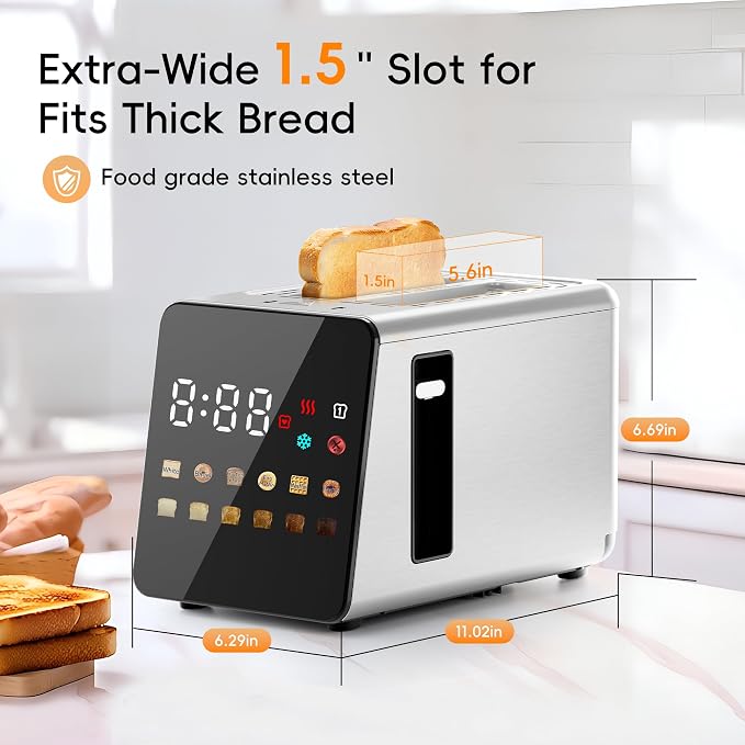 WUNLY Smart Touchscreen 2 Slice Toaster, Wide Slot, Memory & Single-Slot | Digital Timer, Extra Wide Slot for Bagels, 6 Shade Levels & 6 Bread Settings, Reheat, Defrost, Favorite, Silver