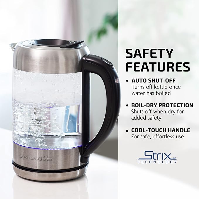 OVENTE 1.7L Glass Electric Kettle Water Boiler, Silver KG6120S | 1500W Fast Boiling, Easy Fill Lid, Borosilicate Glass, Blue LED Light, BPA-Free, Auto Shut-Off, Boil-Dry Protection