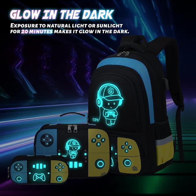 Backpack for School Boys, Cool Luminous Gamer Boys Schoolbag | with Lunch Box & Pencil Case Set for Kids Teens Elementary Middle School, Bookbag Glow In The Dark