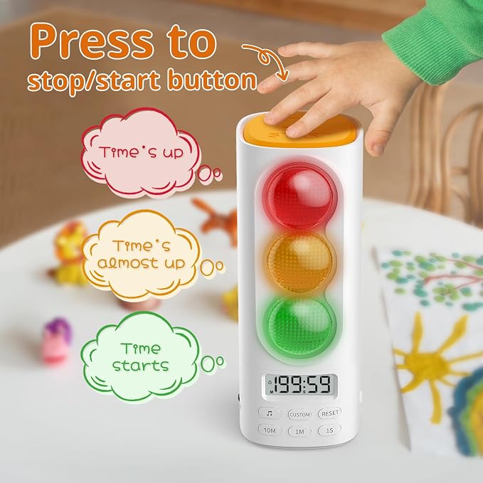 Traffic Light Timer, Custom Countdown, ADHD Tool, Volume & 4 Rings | visual meeting Classroom Desk Kitchen Type C Included Back to School