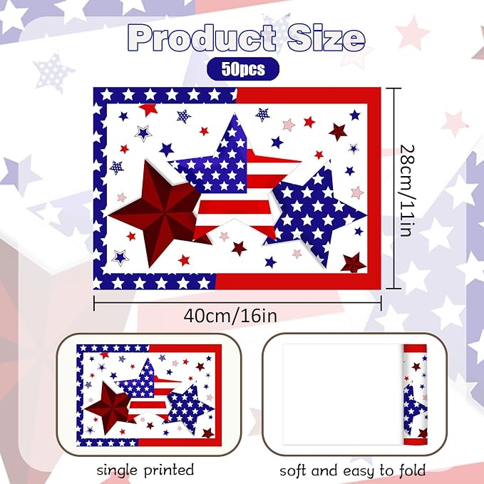 50 PCS Disposable Paper Placemats 4th of July Memorial Day Place Mats (E) | 16x11 Inch Patriotic Freedom Stars Table Mats for Holiday Indoor Outdoor Party Kitchen Dining Table Decorations