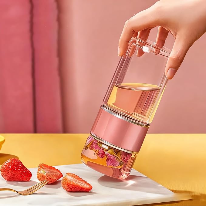 Yosoo Health Gear Tea Infuser Bottle 420ml Double Layer Stainless Steel Leak Proof Separating Bottle Reusable Glass Water Bottle for Office Travel Home Rose Gold