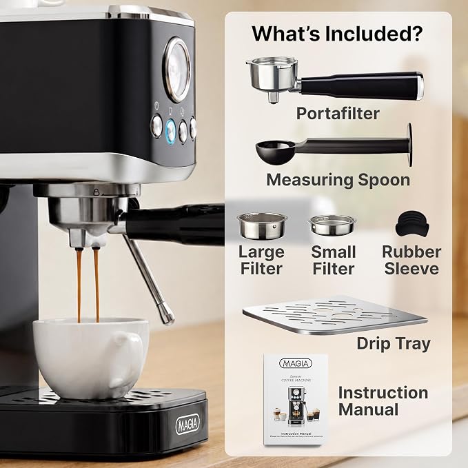 Zulay Kitchen Magia Compact Espresso Machine – 20 Bar Coffee Maker with Milk Frother Steam Wand, Latte & Cappuccino Maker, 1350W Fast Heating, 40oz Removable Water Tank, Stainless Steel – Black