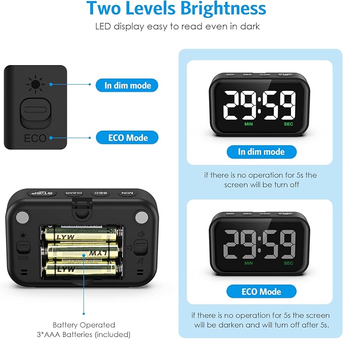 Digital Kitchen Timer, Large LED Display Count Up Countdown | Magnetic Classroom Timer, 3 Volume Levels, Visual Timer for Cooking/Office/Kids/Work/Study, Black (Battery Included)
