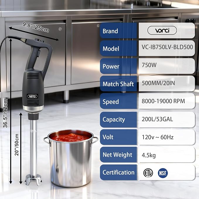 VONCI 750W Commercial Immersion Blender, Extra Heavy Duty Hand Blender with Variable Speed 8000-19000RPM, Handheld Stick Mixer with 20" SUS 304 Shaft, Commercial Emulsifier for Restaurant Kitchen.