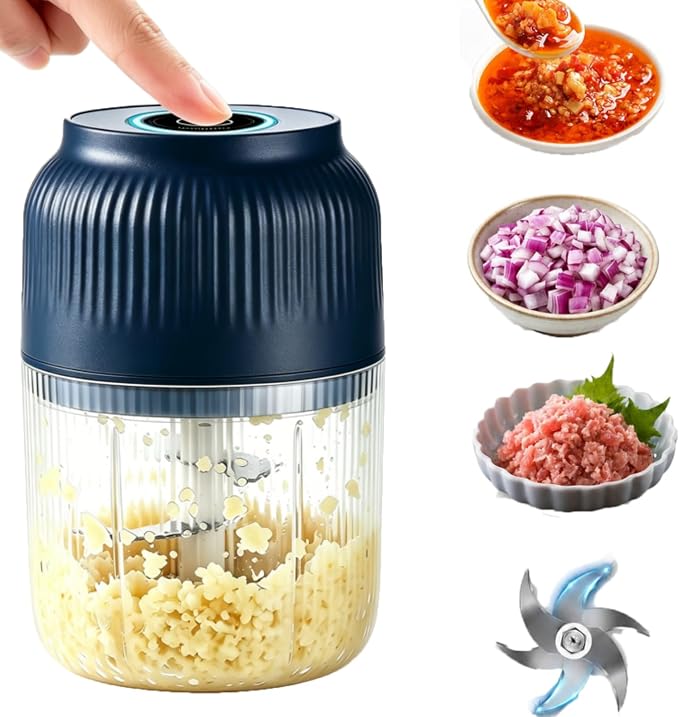 Electric Garlic Chopper, Food Chopper USB Rechargeable, Mini Vegetable Chopper, Garlic Mincer and Onion Chopper, Portable Small Food Processor for Ginger, Chili, Vegetables (Blue, 400ML)