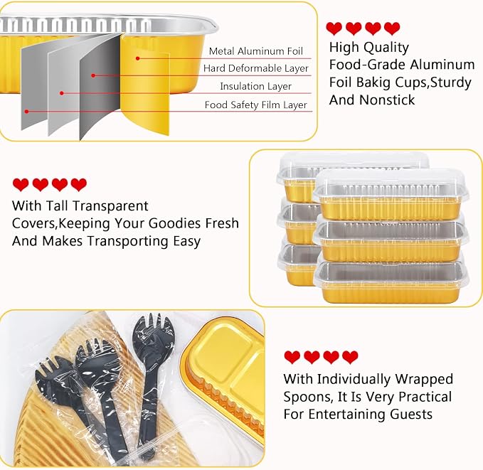 LNYZQUS Mini Loaf Cake Pans with Lids 50 Pack, 6.8oz Foil Baking Tins | Rectangle, Gold, Disposable Aluminum Dessert Cups, Individual Take-out Containers for Bake Sale Treats