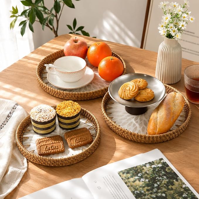 Round Rattan Serving Trays, Set of 3, White Leaf | Coffee Table Trays, Decorative Wicker Trays, Bread and Fruit Display, Ottoman Tray Set, Leaf Pattern