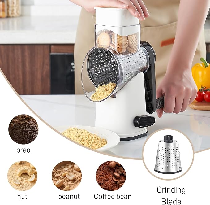 Weltonhm 4 in 1 Large Cheese Grater Hand Crank Rotary (White 4 Graters) | Cheese Shredder Rotary and Slicer with 4 Stainless Steel Blades for Vegetables, Veggie and Cheese, Stronger Suction Base
