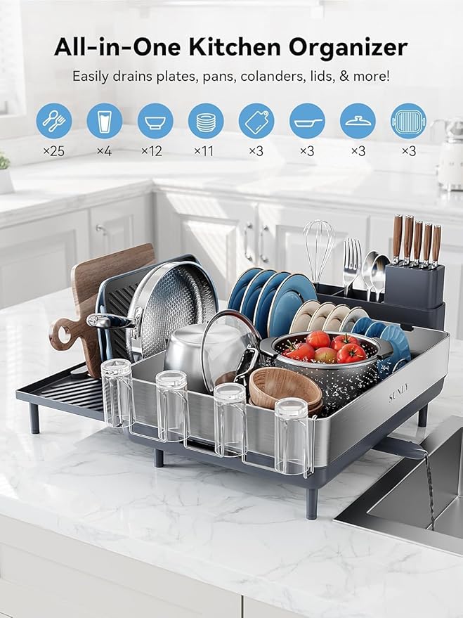 Large Dish Drying Rack, Expandable Dish Racks for Kitchen Counter, Space Saving 304 Stainless Steel Drying Rack Kitchen, Extra Large Drainer with Multifunctional Flip Up Pegs, Gray