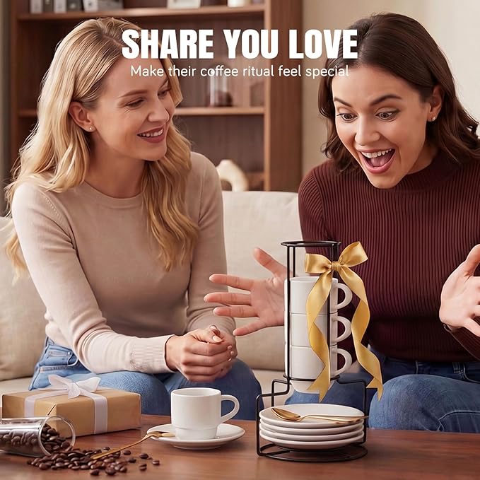 Lareina 3-Ounce Espresso Cups with Saucers, Spoons and Metal Stand, Small Stackable Coffee Cups Set of 4, Ceramic Demitasse Mugs, Gift for Housewarming or Wedding, White