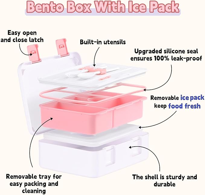 rockpapa Chill Bento Box for Kids- Large 5.5 Cups Lunch Box with Ice Pack - 5 Compartments, BPA-Free, Leak Proof, with Utensils & Portable Handle, Microwave/Dishwasher Safe (White Pets Dog)