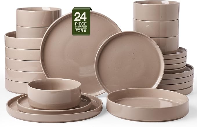 Famiware Nebula 24-Piece Dinnerware Set with Pasta Bowls, Cinnamon Brown | Stoneware Plates and Bowls, Service for 6 - Chip & Scratch Resistant, Microwave & Dishwasher Safe