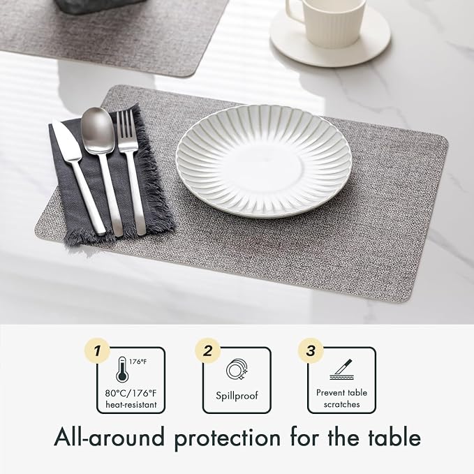 Baroyal Faux Leather Placemats Set of 6 Vinyl Washable Wipeable Table Mats for Kitchen Dining Table Heat Resistant Waterproof Modern Indoor/Outdoor Placemats Non-Slip Easy Clean Place Mats (Mid Gray)