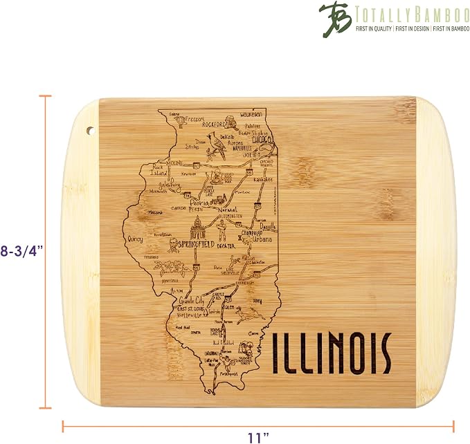 Totally Bamboo A Slice of Life Illinois Engraved Map Cutting Board | 11” x 8.75” charcuterie board with engraved state map artwork. Smooth reverse side for food prep. Hang tie for wall display.