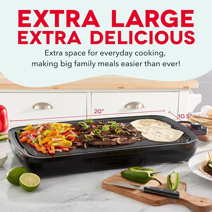 Dash Deluxe Everyday Electric Griddle, Removable Nonstick Plate, Black | Flat Top Grill with Drip Tray, Temperature Control, Large 20-Inch Cooking Surface for Pancakes, Eggs, Burgers, & Bacon