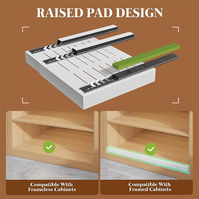 Seinloes 4 Pack Expandable Pull Out Cabinet Organizer 21"Deep With Raising Pad for Framed Cabinets,Upgrade 3 Slide Rails Slide Out Drawers,No Drill Roll Out Shelves,Adjustable Width 15.1"-26.3" White