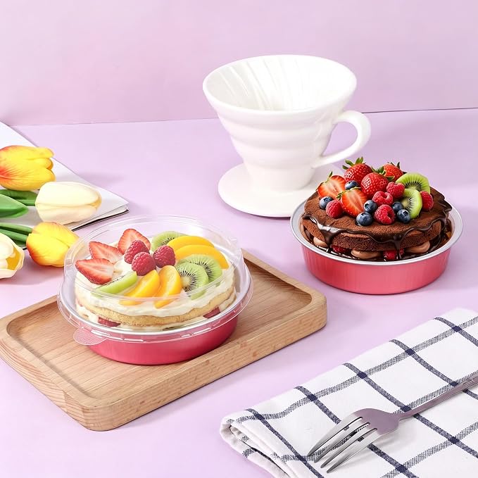 Beasea 7.3oz Disposable Mini Pie Tins with Lids, 20 Pack 215ml Grapefruit Pink Aluminum Baking Cups Foil Pie Tins Small Round Tart Container for Individual Dessert Cupcake Muffin Cheesecake Quiche