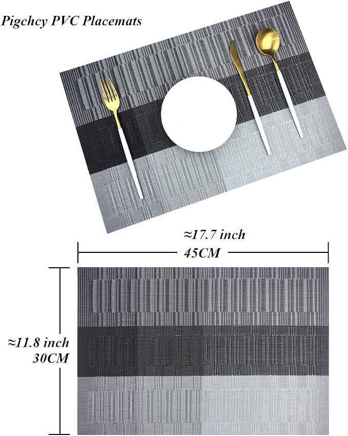 PIGCHCY Placemats,Washable Durable Woven Vinyl Placemats for Dining Table,Easy to Clean Plastic Placemats Set of 6 (Black)