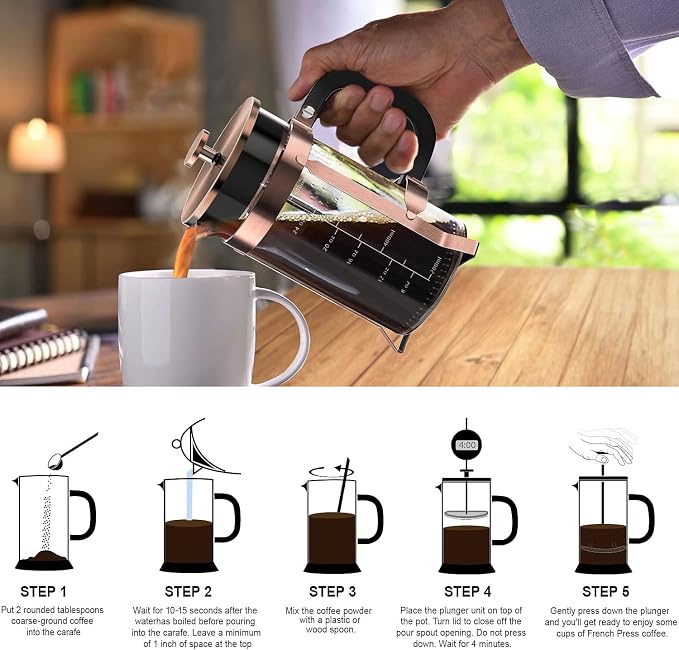 QUQIYSO French Press 34oz, Stainless Steel and Thickened Glass Coffee Maker | 4 Filter Heat-Resistant Borosilicate Glass Coffee Press, Easy to Clean, Suitable for Kitchen Party Camping Gifts(Copper)
