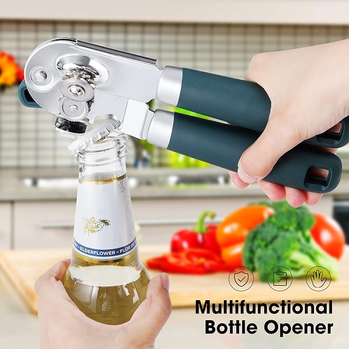 Beneno Heavy Duty Hand Can Opener Manual with Magnet Lid Remover, Green | Razor-Sharp Carbon Steel Blade, Precise Smooth Cutting Gear, Big Effort-Saving Knob, Soft Grip Handle, Built-in Bottle Opener