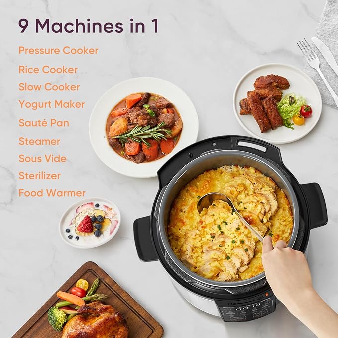 Cosori Pressure Cooker 6QT, 9-in-1, Ceramic Coating Pot, 12 Safety Features | Rice Cooker, Slow Cook, Sous Vide, Saute, Stainless Steel, 1100W, Silver