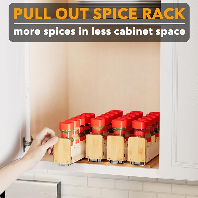 SpaceAid Bamboo Pull Out Spice Rack Organizer for Cabinet, Heavy Duty Slide Out Seasoning Kitchen Pantry Sliding Vertical Organization, 10.1" Wide, 4 Drawers(2" Wide), 1-Tier, Natural