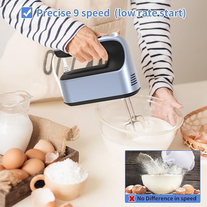 Yomelo 9-Speed Digital Hand Mixer Electric, 400W Powerful DC Motor, Hand Mixer Electric Handheld with Snap-On Storage Case, 5 Stainless Steel Accessories, Beaters, Dough Hooks, Whisk(Ocean Blue)