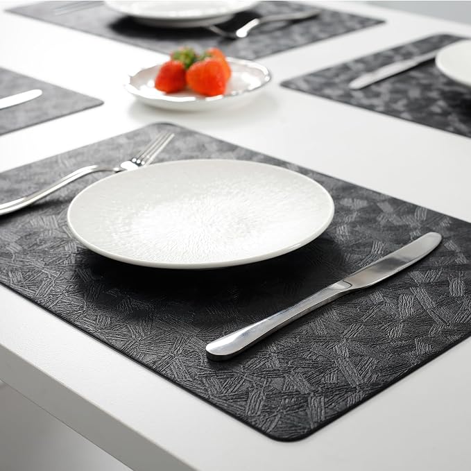 Black Vinyl Placemats Set of 8 Waterproof Wipeable Table Mats | Heat Resistant Easy Clean Place Mats Faux Leather Table Mats Washable PVC Table Placemats for Dining Table