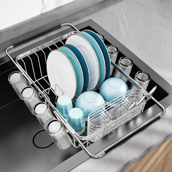 Dish Drying Rack Over the Sink - Expandable Stainless Steel Drainer | Twist-Lock Adjustable Handle, Cup Hooks, Utensil Holder, Compact Design for Apartments, RVs & Small Kitchens, Rust-Resistant