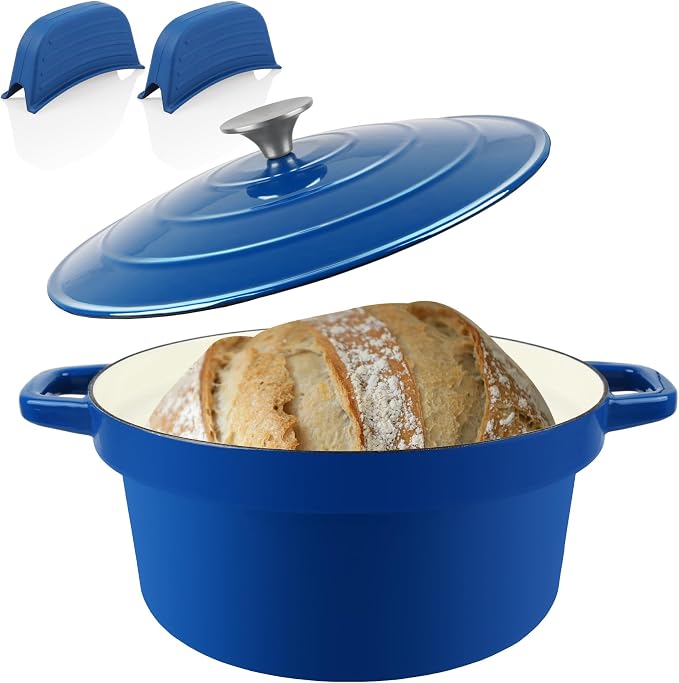 7QT Dutch Oven Pot With Lid, Enameled Cast Iron Dutch Ovens for Sourdough Bread Baking, Non-Stick Ceramic Dutch Oven Cooking Pot, Oven Safe, Blue (10 Pcs Bread Paper Liners)
