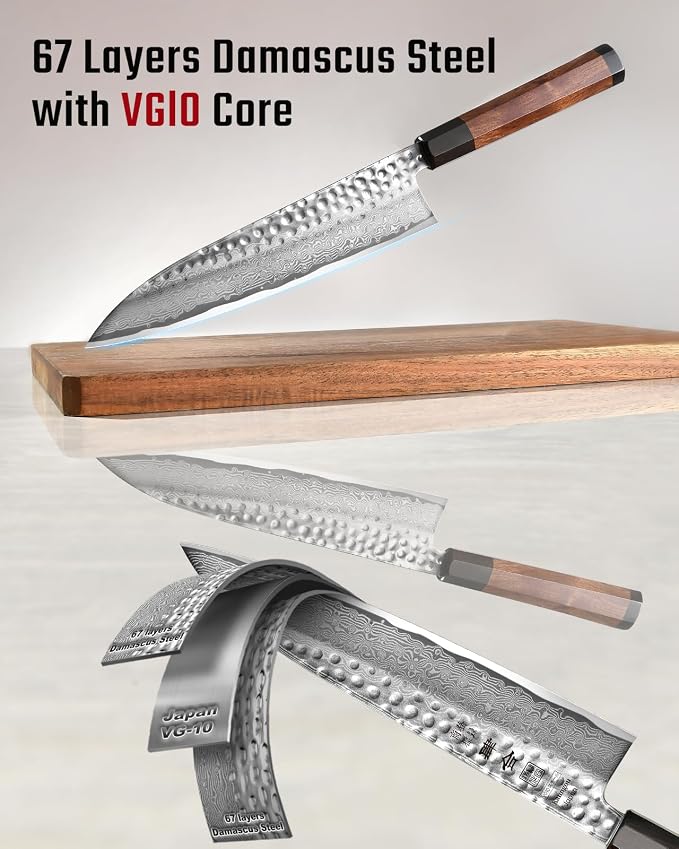 VG10 Damascus Chef Knife, 8.27 Inch Gyuto Knife with Rose Wood Handle and 67 Layers Damascus Steel, Japanese Kitchen Knife with Premium Gift Box