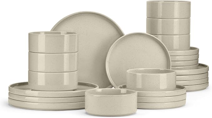 E-far Dinnerware Sets for 8, 24-Piece Stoneware Plates and Bowls Set, Khaki | Modern Kitchen Dining Dishware, Chip and Scratch Resistant, Microwave & Dishwasher Safe, Speckled Khaki
