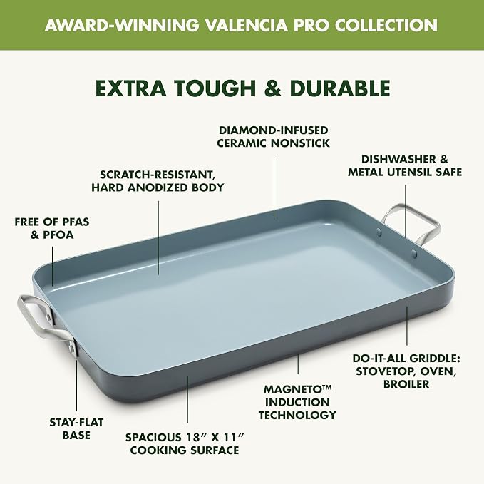 GreenPan Valencia Pro 18" x 11" Ceramic Nonstick Double Burner Griddle Pan | PFAS-Free Nonstick, Induction Ready, Compatible with all Stovetops, Hard Anodized, Gray, Dishwasher Safe, Oven Safe to 600F
