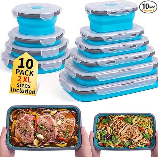 Collapsible Food Storage Containers with Lids 10 Pack(81oz/58oz Extra Large Included), 6 Rectangular+4 Round, Annaklin Silicone Collapsible Food Containers Sets Microwave Freezer Dishwasher Safe, Blue