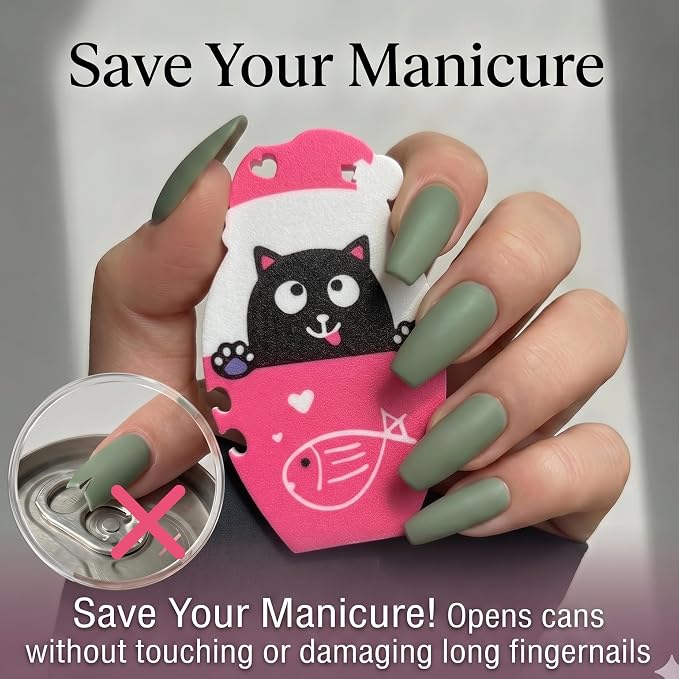 Pull Tab Can Opener Cat Food Can Opener for Soda Pet Cans Easy Open for Weak Hands Arthritis Seniors Long Nails Magnetic Portable with Lanyard Fridge Magnet Pink Cat