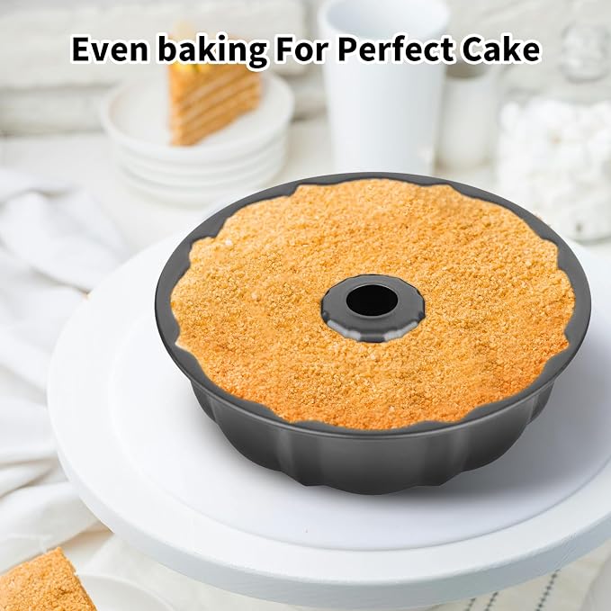 Novery 2PCS 9.5" Non-Stick Carbon Steel Fluted Tube Cake Pans | For Pound Cake Jello Gelatin Flan Chocoflan, Heavy Duty, Non-Stick Easy Release, Sturdy Baking pan