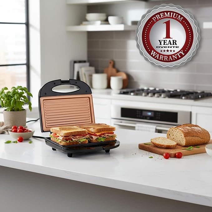 OVENTE Electric Panini Press Grill, 750W Nonstick Plates, Copper GP0110CO | LED Indicator Lights, Thermostat Control, Compact Sandwich Maker Perfect for Cooking Breakfast, Steaks, Eggs Snacks & More